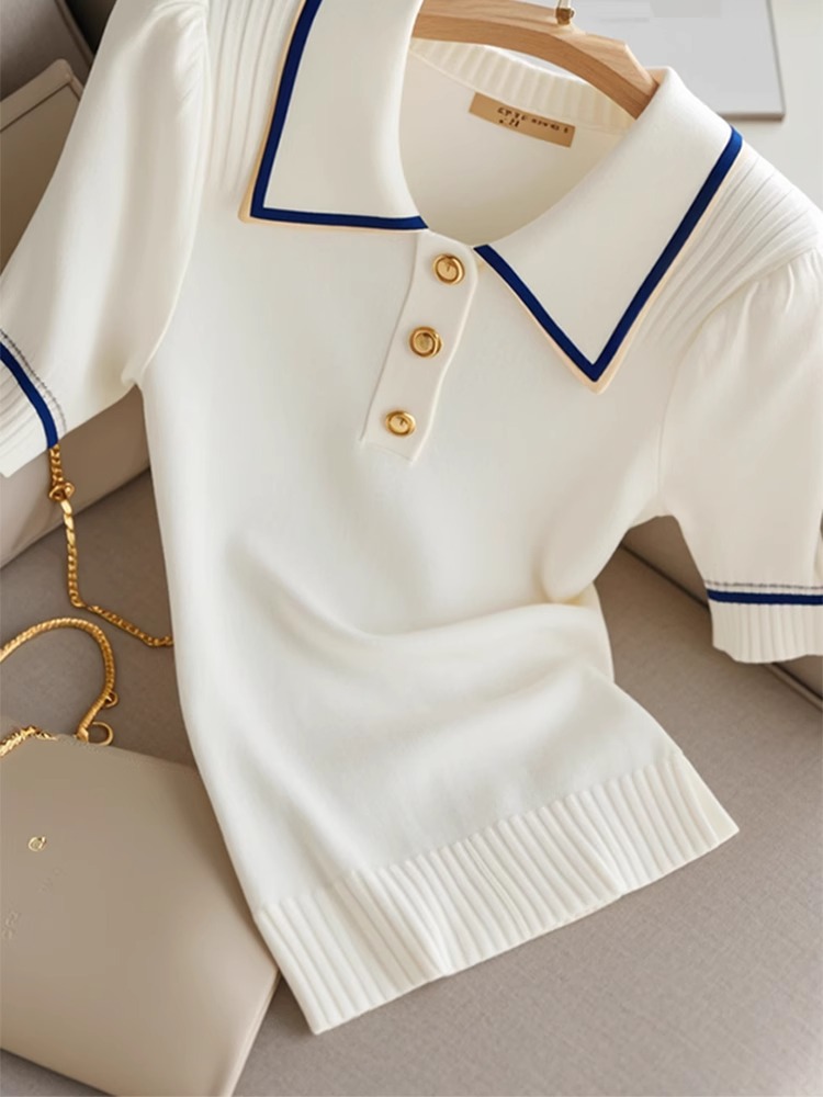 Áo thun nữ cổ polo tay lỡ phối màu chất liệu cotton lạnh — trắng