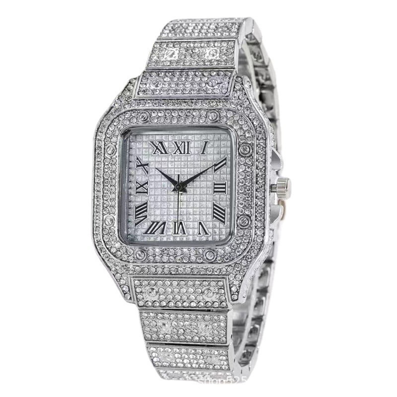 square watch starry steel belt Diamond-embedded men's Roman scale starry fashion quartz watch_voghion.com