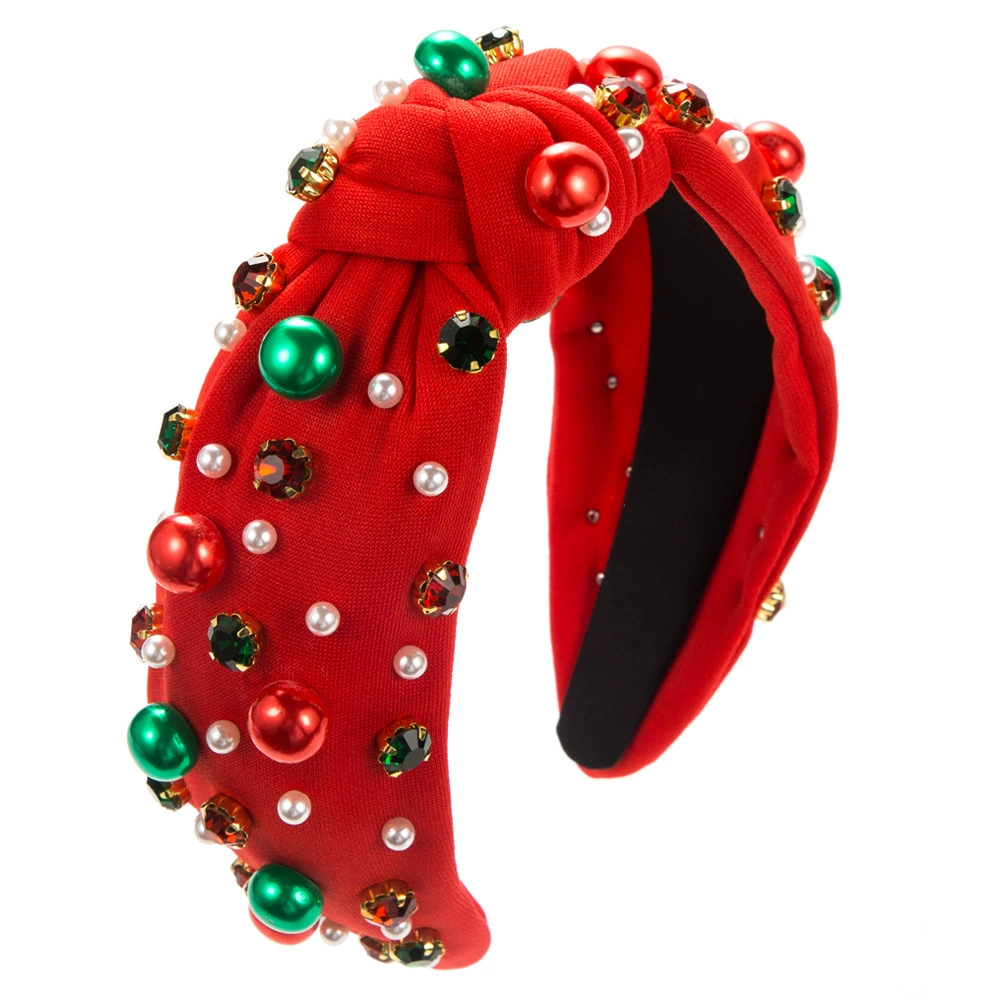 Hairband headband, European-style fabric with pearls, Christmas green/red, 15×13 cm, elegant knot