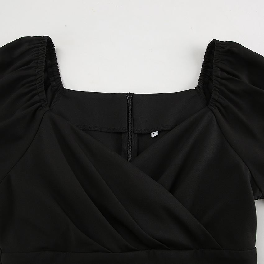 Autumn Winter Sexy Mysterious V neck Long Sleeve Office Pleated Slim Fit Slit Classic Dress Black Dress