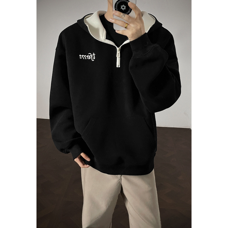 Felpa con cappuccio e mezza zip ricamata in stile americano da uomo, marca di tendenza autunnale, cotone pesante 400 g, stile streetwear alla moda per uomo_voghion.com