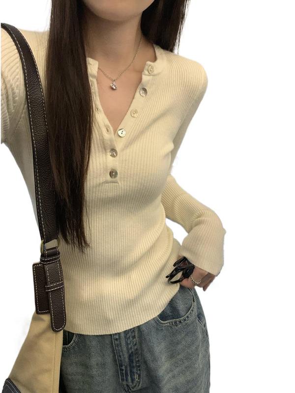 设计感韩系V领纽扣针织衫女春秋季长袖修身打底衫感内搭上衣|undefined