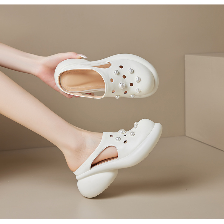 Dép lỗ ngọc trai Yichuan đế dày 6 cm kín mũi, cảm giác bước trên mây, mùa hè — đen chi tiết 11