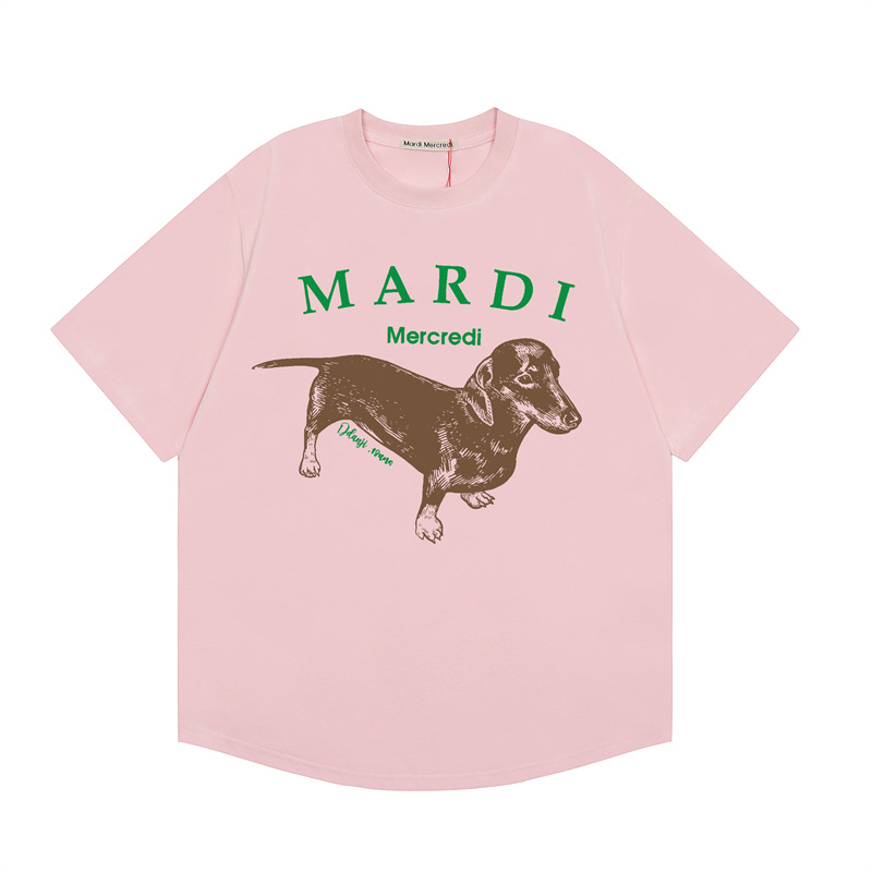 韓国マルディ Tシャツダックスフントレタープリントルーズカジュアルラウンドネック半袖 Tシャツトップ女性用