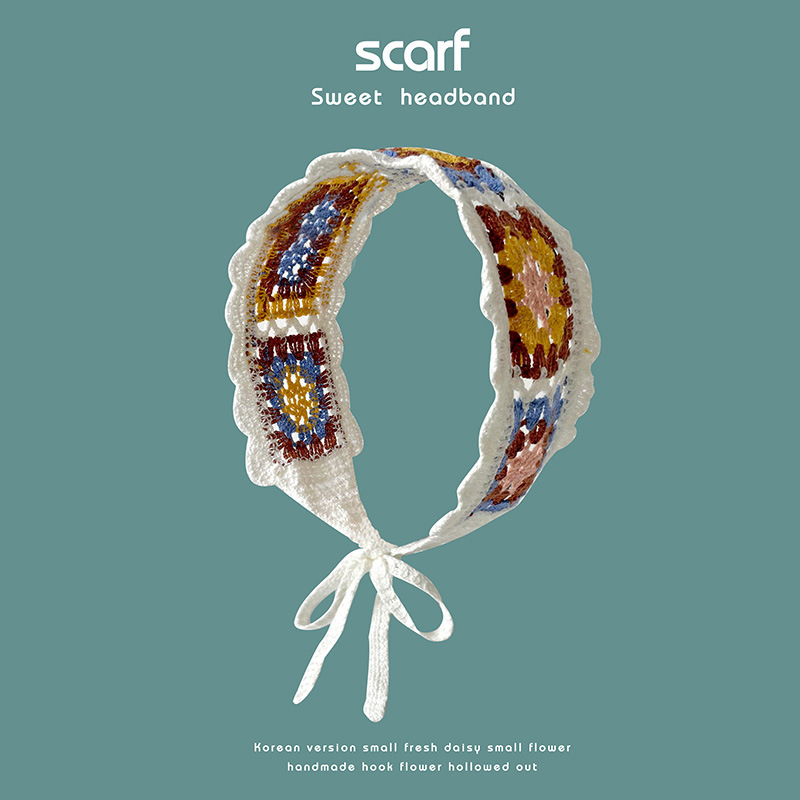 Nuevo colorido estilo étnico hecho a mano de ganchillo tejido banda de pelo de ala ancha estilo pastoral retro de las mujeres banda de pelo bolsa pañuelo sombrero