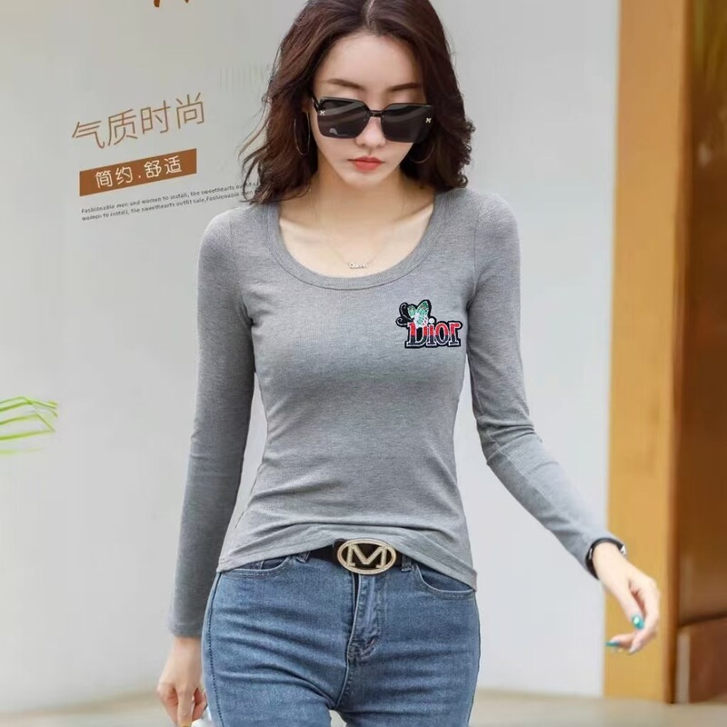 Korean-style Ins New Slim-fit Base Shirt Women's Autumn and Winter Fashion Embroidered Elegant Outer Wear Threaded Long-sleeved T-shirt
