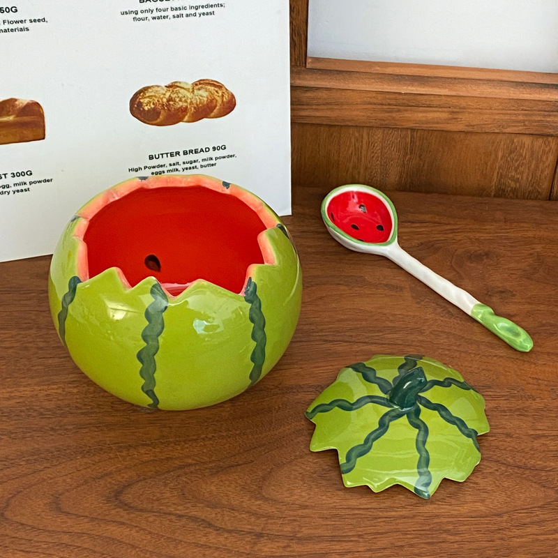 Cute Ceramic Funny Watermelon Bowl High-Looking Ins Summer Household Tableware Set with Lid Yogurt Bowl Salad Bowl