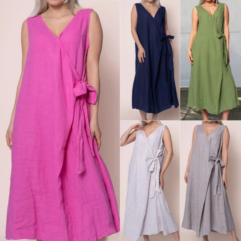 2025 New Cross-Border Amazon Cotton and Linen Shirt Long Skirt Pure Color V Neck Side Strap Sleeveless Long Dress for Women
