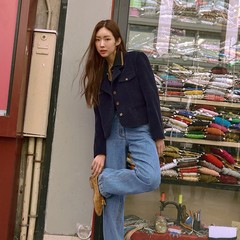 韓国東大門紺色コーデュロイショートジャケット 2025年秋 レトロカジュアル 小柄な女性向けスーツジャケット