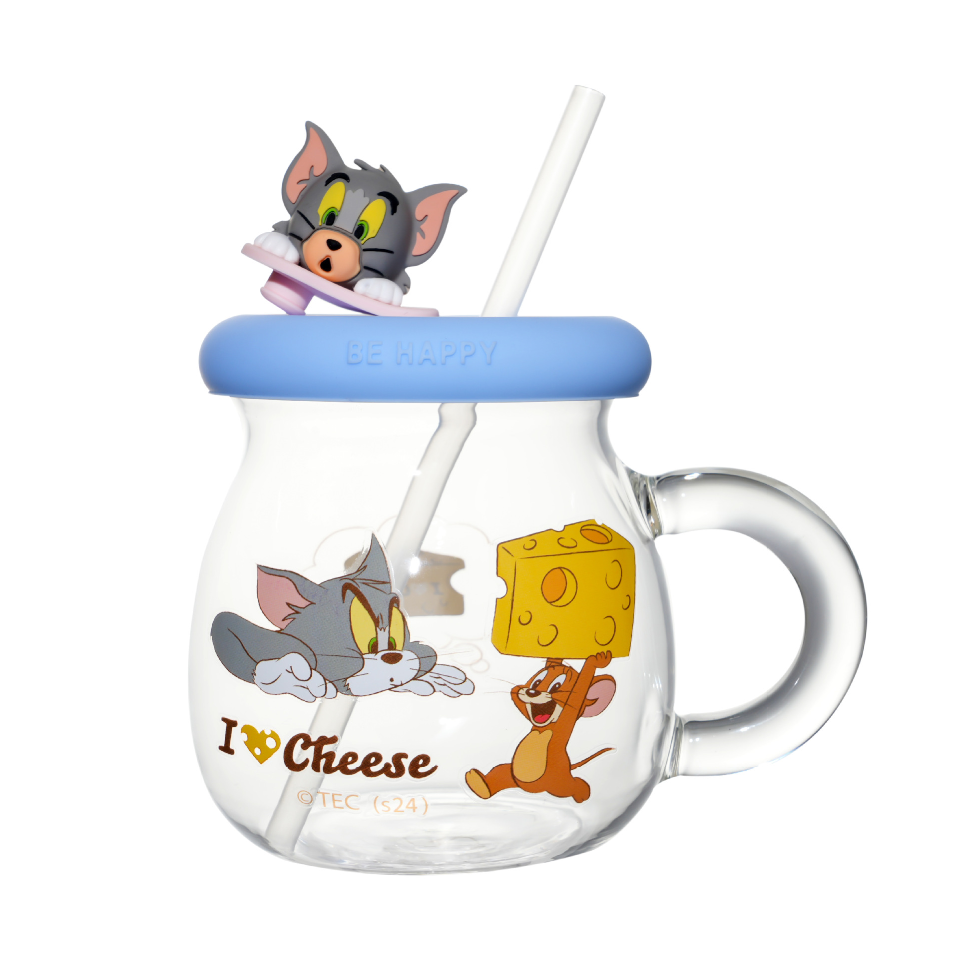 Gatos y ratones autorizados copas de vidrio con patrón de dibujos animados Jerry copas de agua regalos para el hogar con tapa Tom mug
