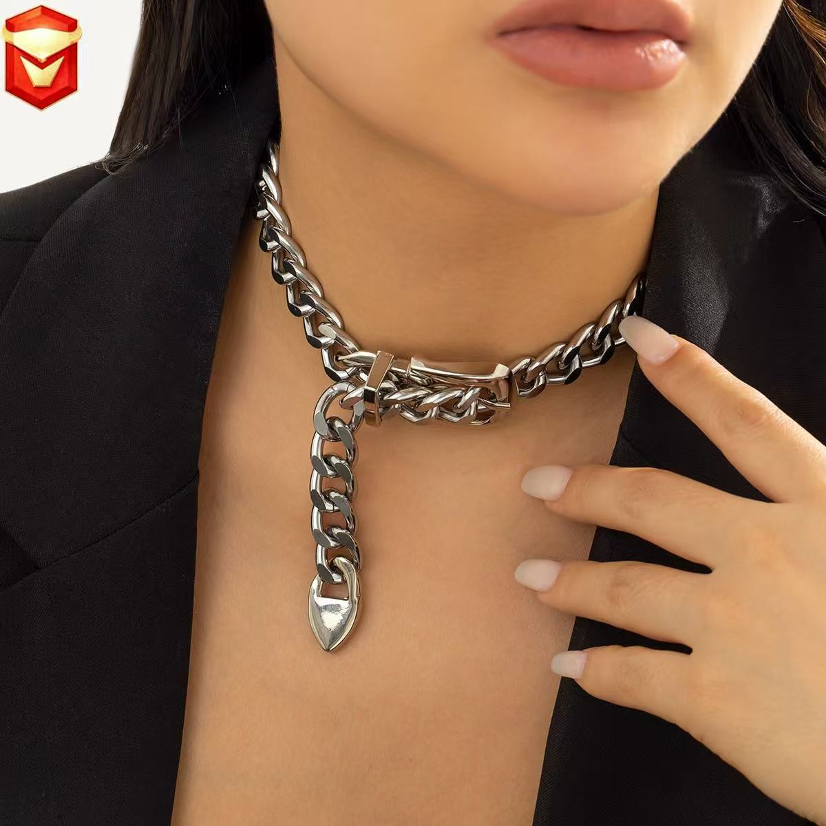 European and American Cross-Border Jewelry Hip-Hop Heavy Metal Geometric Necklace Punk Thick Chain Belt Buckle Clavicle Necklace for Women