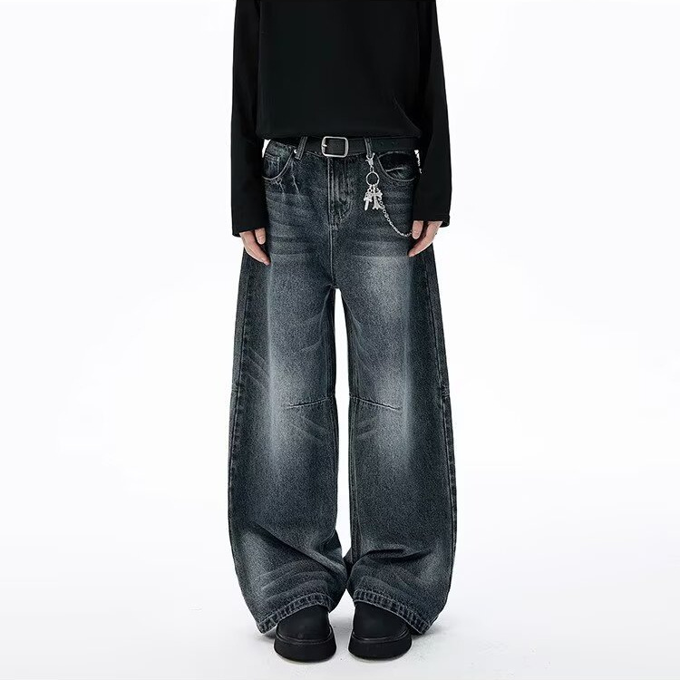 Unisex Retro Minimalist Wide Leg Jeans Blue Grey Stylish Straight Leg Drape Trendy Men's Clothing Denim_mkmklike.com