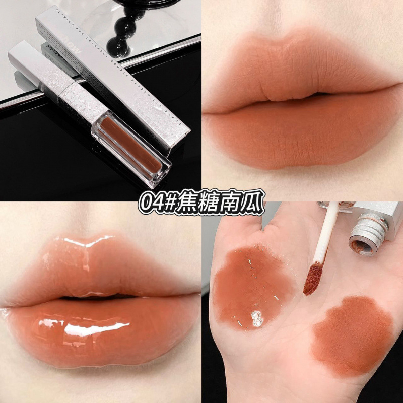Kakashow fluye brillante doble cabeza labios brillante seda seda de desarrollo de color espejo transparente esmaltado doble efecto lápiz labial