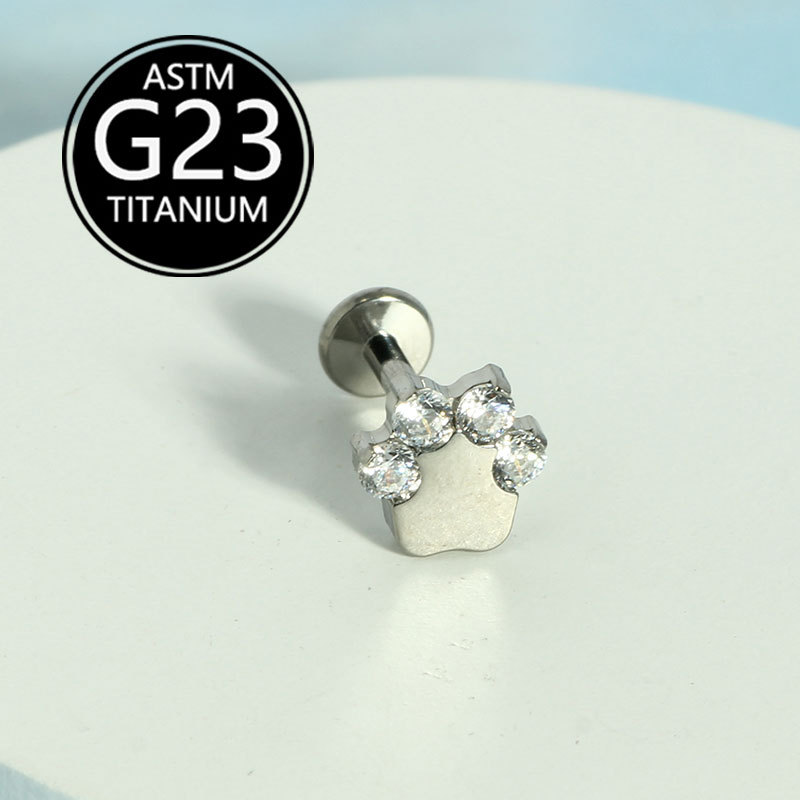 G23 Titanium Alloy Bear Paw Internal Thread Zircon-Inlaid Lip Stud and Ear Stud Body Piercing Jewelry detail image 8