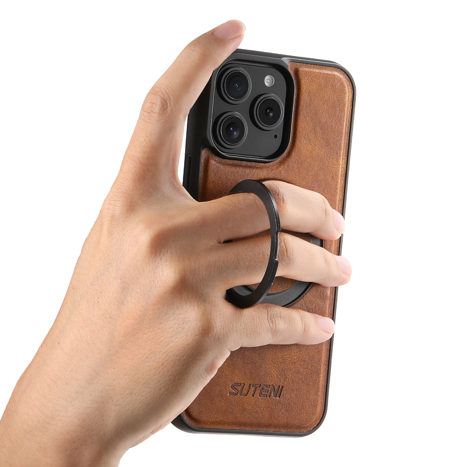 Ốp lưng điện thoại sạc không dây, giá đỡ xoay 360 độ hút từ tính, bao da khóa nhẫn chống sốc — Sáp dầu đen, Nâu sáp dầu, Xanh lam sáp dầu chi tiết 20