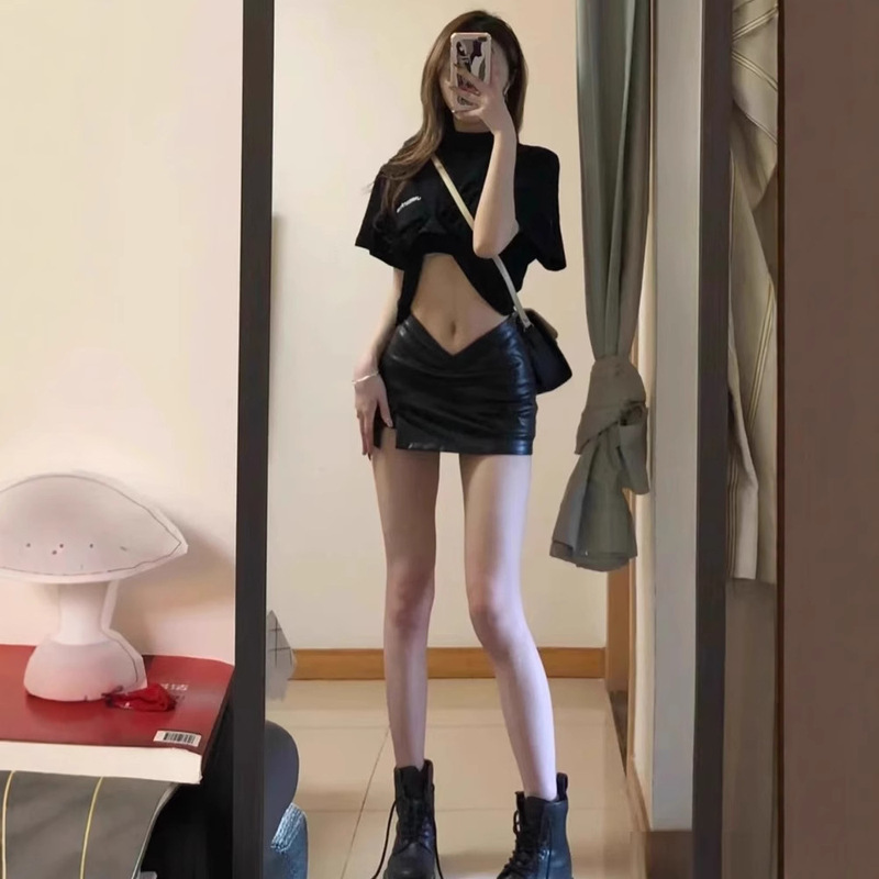 Pu Leather Petite Sexy Women's Black Autumn XS Low-Waist Hot Girl Shorts Skirt Bodycon Skirt Slit Skirt