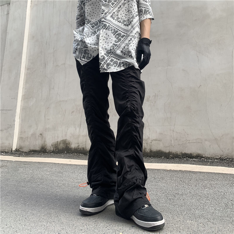 High Street Functional Vibe Style Folded Stacked Micro Horn Long Pants for Men's American Slim Fit Street Instagram Versatile Casual Pants_voghion.com