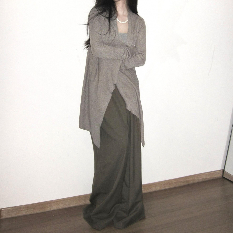 Lazy Style Knitted Cardigan for Women, Spring Design with Irregular Hem, Sweater Jacket, Casual Wide-Leg Pants Set