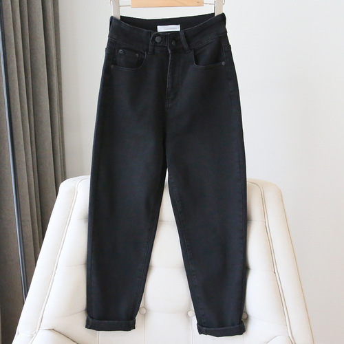 Black Plus Size Wool Fleece Denim Jeans for Women - Straight Leg High-Waisted Slimming Father-in-Law Hem Pants for Autumn and Winter