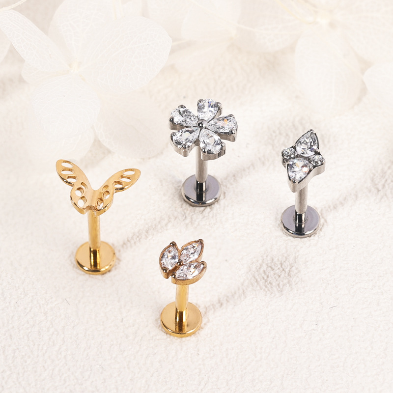 Silver pointed spike labret stud material detail