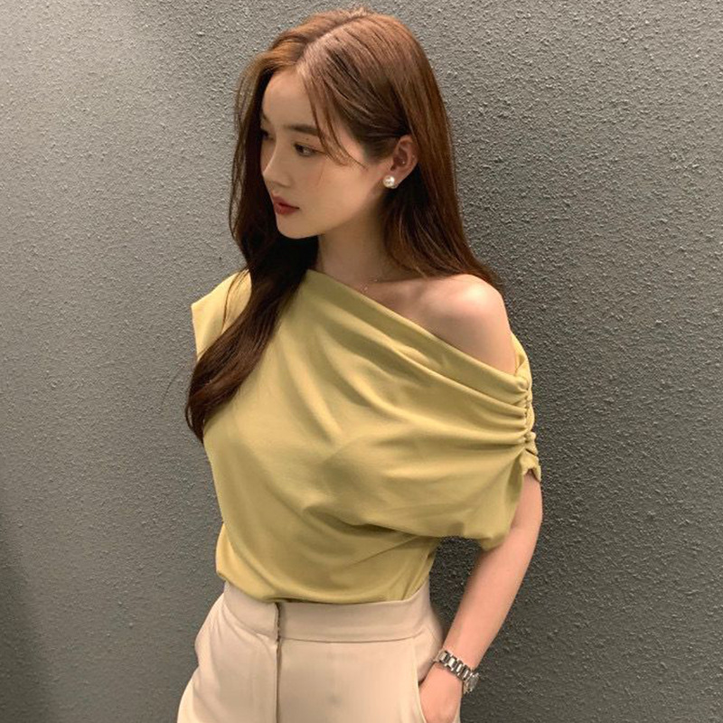 韩国chic2025夏季法式不规则斜肩设计感宽松纯色套头短袖T恤女潮|undefined