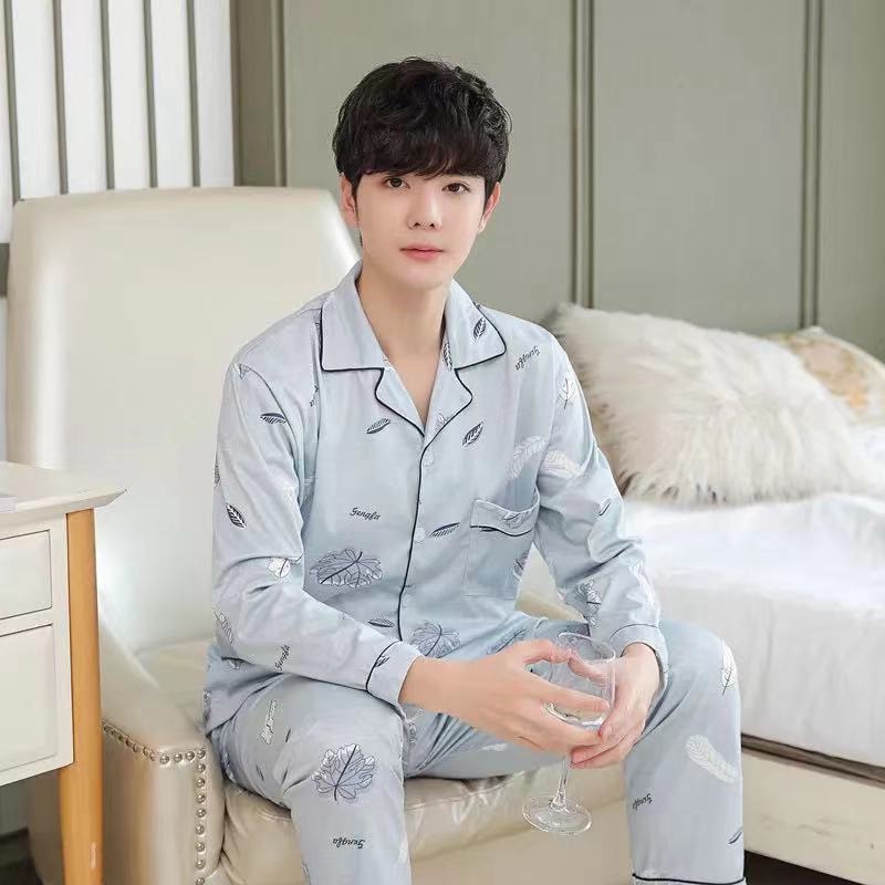 Primavera y otoño pijamas de hombres jóvenes y de mediana edad de punto cálido de algodón a cuadros coreanos prendas de vestir exteriores de moda para el hogar traje de invierno