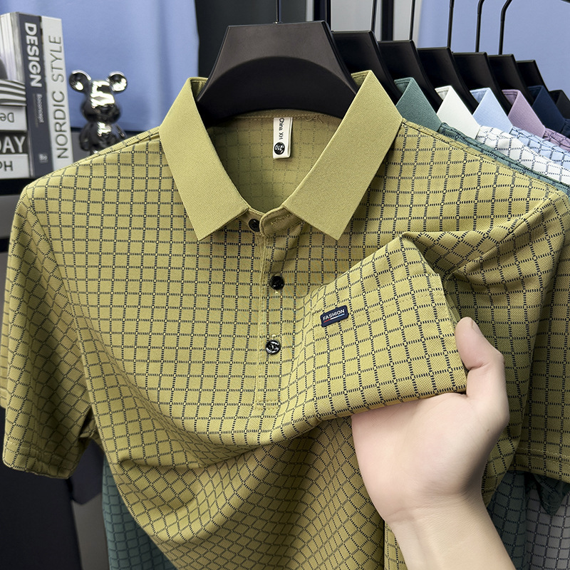 Middle-Aged Men's Short-Sleeved Polo Shirt Plaid T-Shirt Casual Fashion Half-Sleeved Dad Wear Lapel Top with Pockets Men's T-Shirt