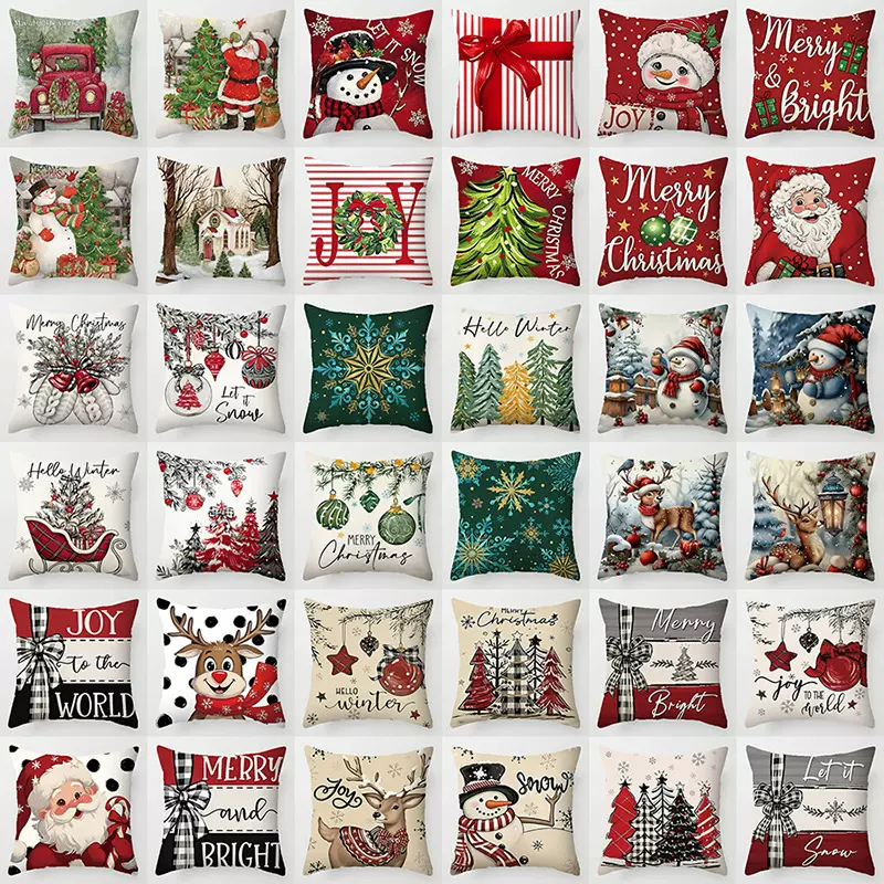 亚马逊2025新款圣诞抱枕套亚麻印花节日客厅沙发装饰靠枕套靠垫套