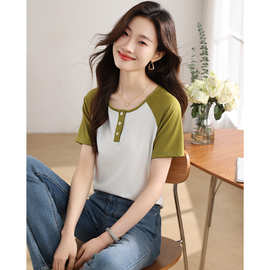 撞色拼接插肩休闲百搭T恤2025春季新款简约修身显瘦女T恤