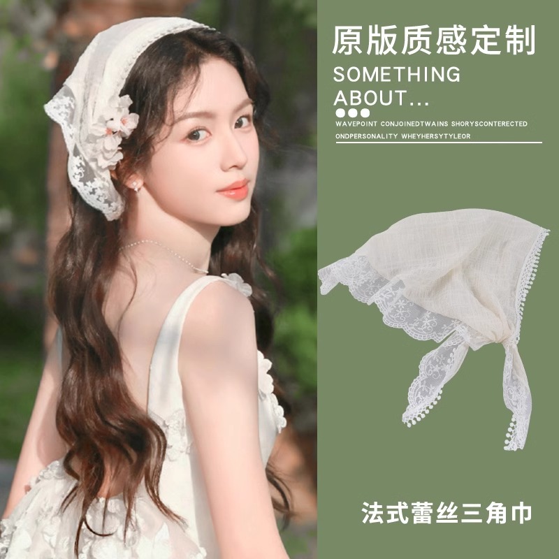 Francés estilo pastoral toallas triangulares de estilo de verano bufandas de seda de moda delgadas tempestad retro bufandas de encaje correa de pelo