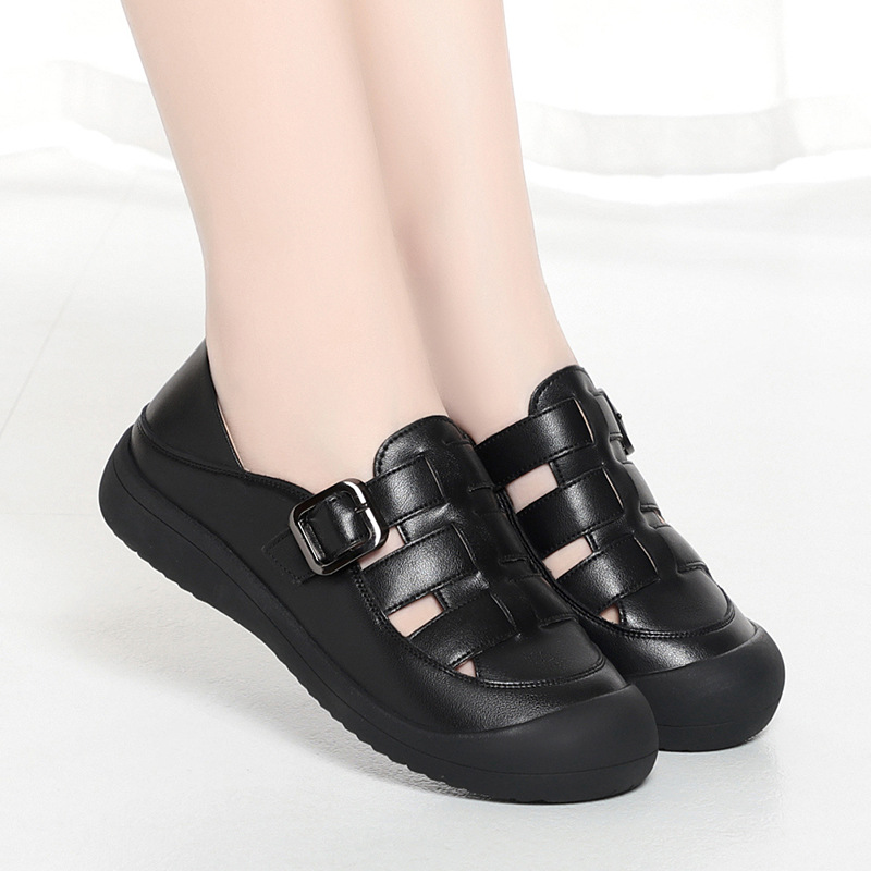 Sandal nữ mũi nhọn da bò thật đế dày thoáng khí — đen