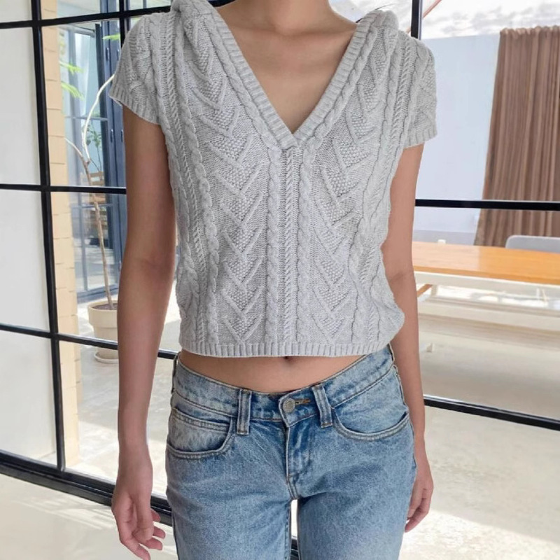 BM-style blue twist V-neck hooded short-sleeved sweater top women's bm autumn slim-fit thin short sweater