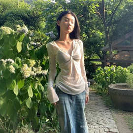 网纱连帽长袖t恤女2024新款夏季防晒衣设计感小众罩衫薄纱上衣潮