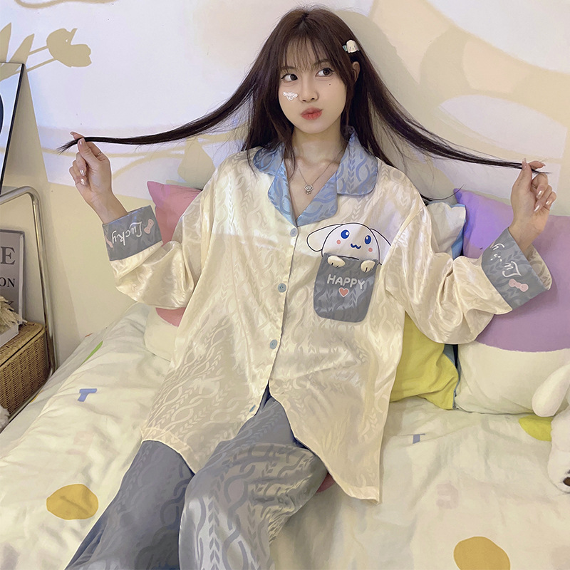 Estilo coreano ins Net estilo rojo pijamas de Seda Hielo Las Mujeres Otoño e Invierno manga larga dibujos animados lindo dulce chica desgaste del hogar traje