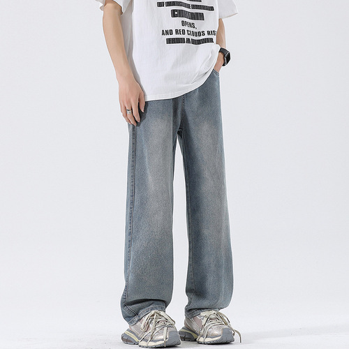 Men's Jeans 2025 Spring Thin Loose Straight Wide Leg Floor-Length Retro Korean Style Casual Pants
