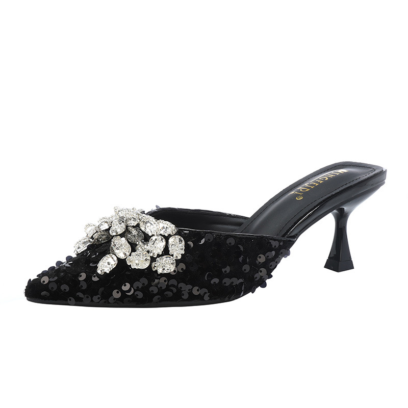2025 nuevo estilo bowknot rhinestone francés tacón de aguja puntiagudo medias pantuflas para mujer de verano sandalias y pantuflas puntiagudas de tacón alto image 6