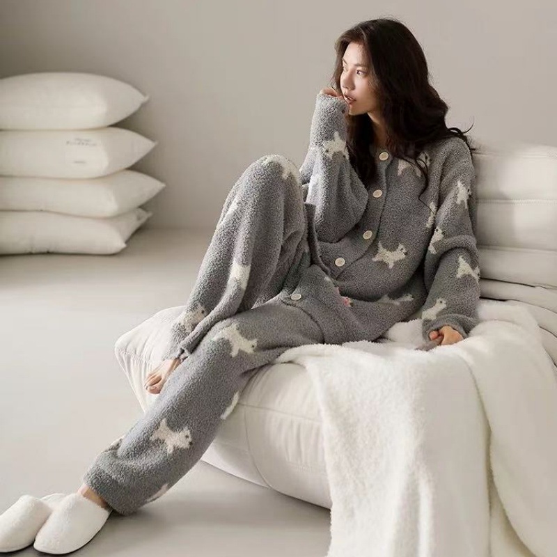 Half Velvet Pajamas Women's Autumn and Winter Coral Velvet Warm Thickened Velvet Home Clothes Round Neck Cardigan