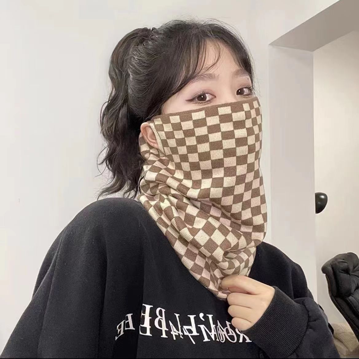 가을 겨울 귀걸이 [카키 체크 무늬] 다기능 플러스 벨벳 스타일