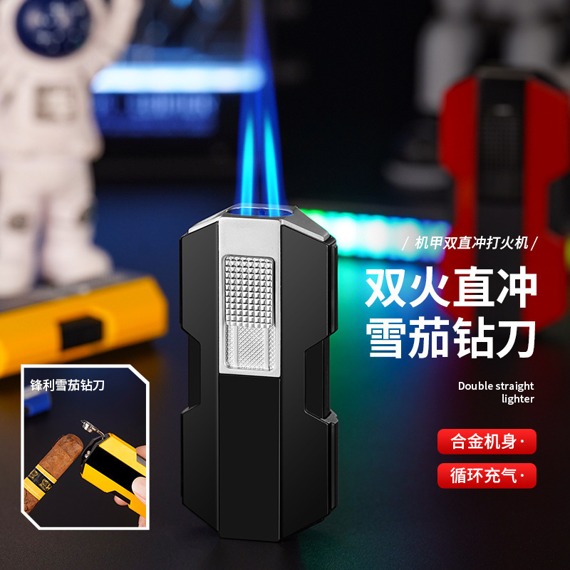 跨境新款战舰机甲外形双直冲带雪茄刀开孔器充气直冲大火力打火机|undefined
