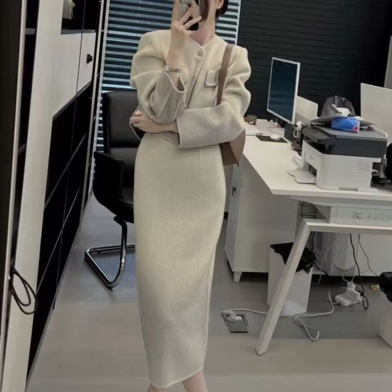 (2개) 기모 두꺼운 향기로운 스타일 세트 2024 여자 새 겨울 유지에 고급 모직 한국 드라마 재킷 투피스 세트