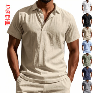 Cross-Border European and American Summer Men's British Style Loose Trendy Breathable Linen Casual Lapel Buttoned Polo Shirt Short Sleeves