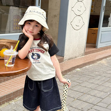 艾摩贝贝儿童洋气短袖中大小女童弹力奥代尔拉架字母插肩卡通T恤