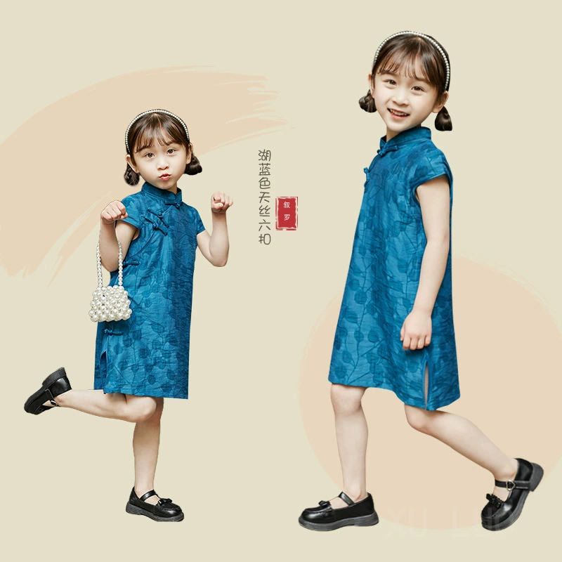 Детское платье-чонсам для девочек, китайский стиль, лето 2025, новое платье, тенсель, тонкий стиль, короткий рукав, юбка