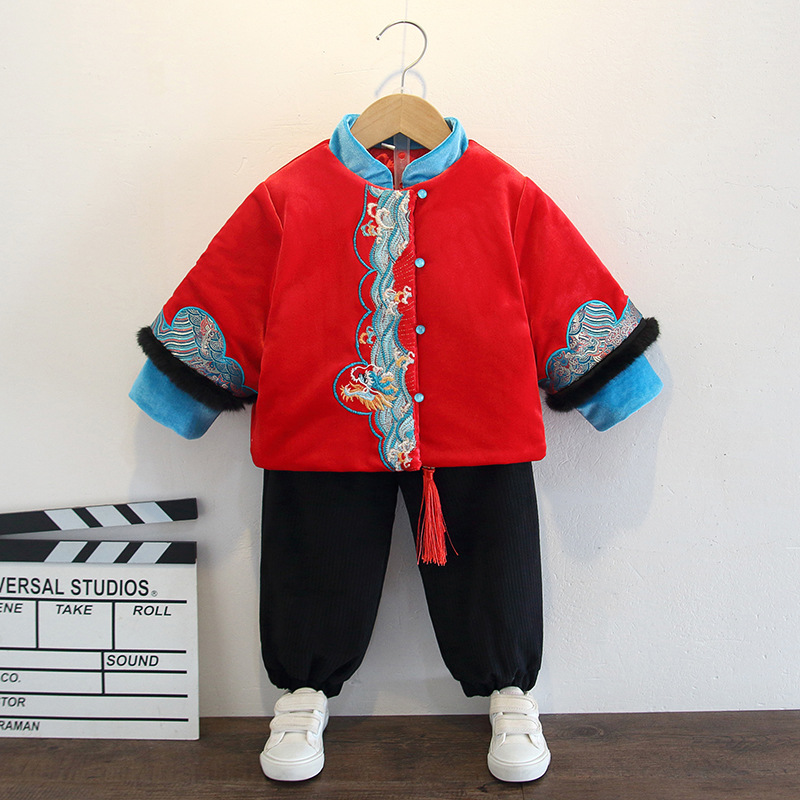 Winter 2023 Tang suit with ancient Chinese style Hanfu for men and women, performance dragon brings good luck, warm and cozy New Year's Eve attire with extra lining