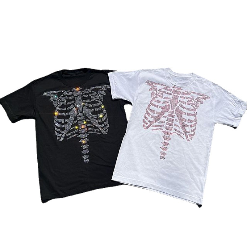 T-shirt ample à strass squelette pour hommes et femmes, nouvelle tendance d'été, hip-hop, goth, pull Y2K_voghion.com