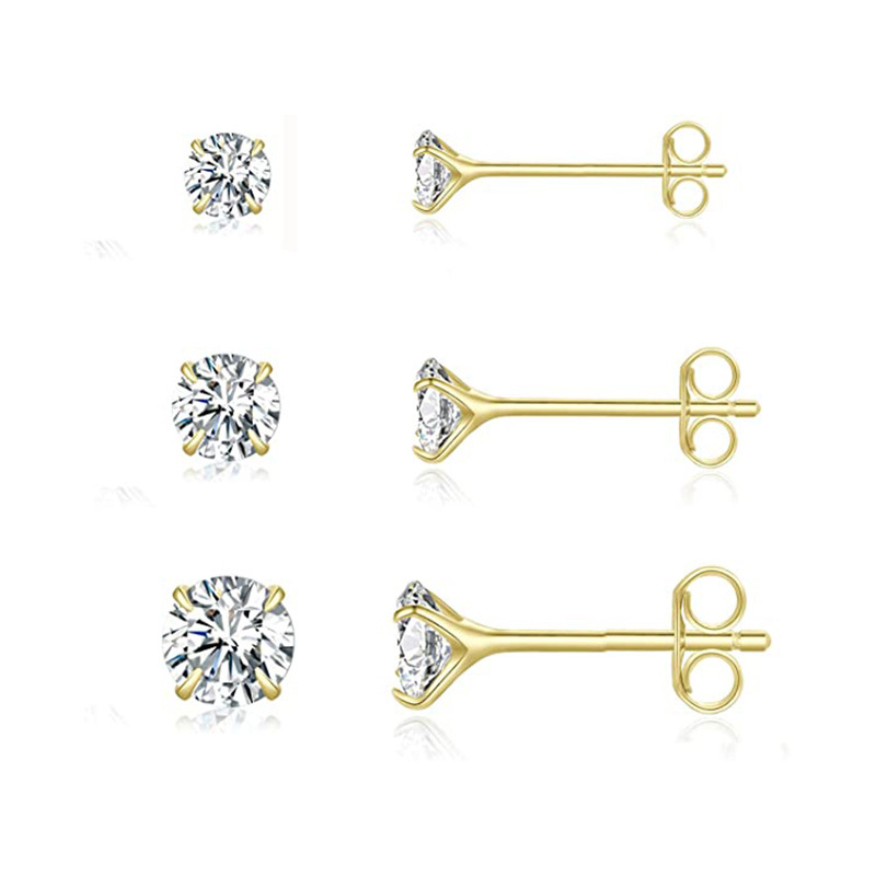 3 Pieces Set Simple Style Shiny Round Plating Inlay Sterling Silver Zircon Ear Studs display picture 3