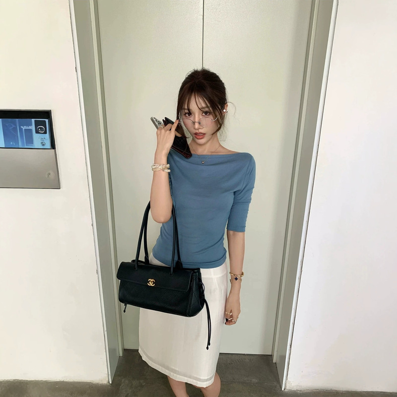 On the left is a women's lightweight Tencel wool top, 2026 summer new style, off-shoulder, mid-sleeve, slim-fit T-shirt