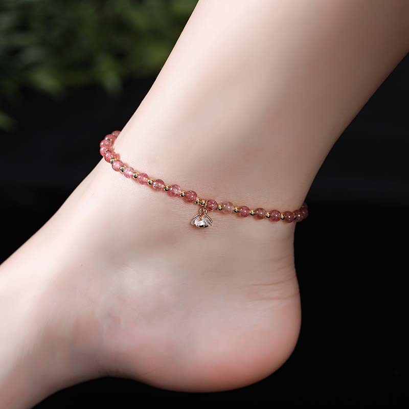 Ins Niche Design Natural Strawberry Crystal Anklet for Women Spring and Summer Fresh Pink Crystal Cat Hanging Anklet Cute Ankle Chain