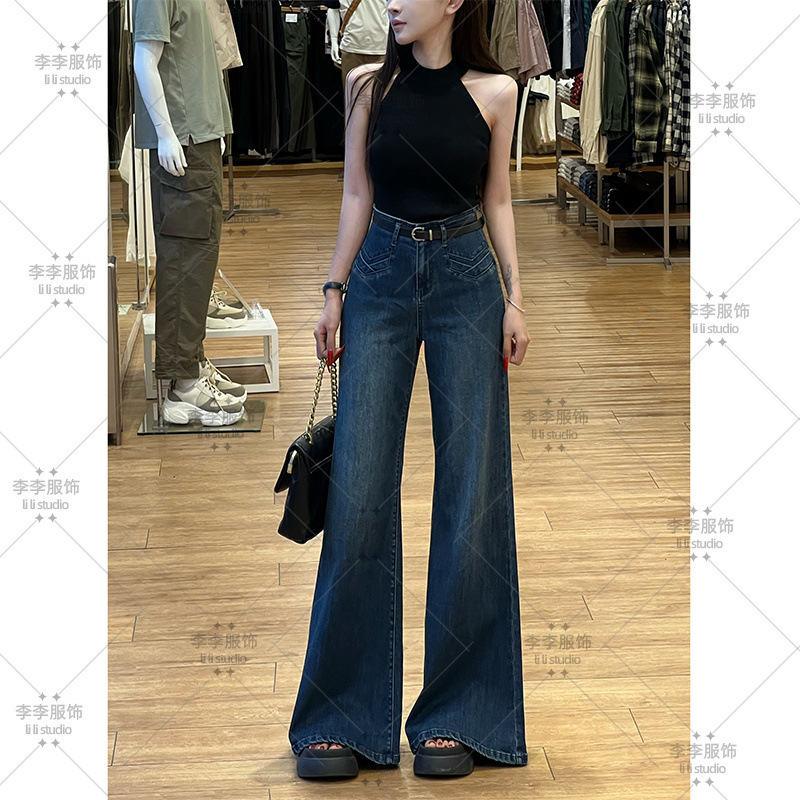 设计感高腰不贴腿喇叭牛仔裤女2025秋季新款百搭遮肉显瘦阔腿长裤|undefined