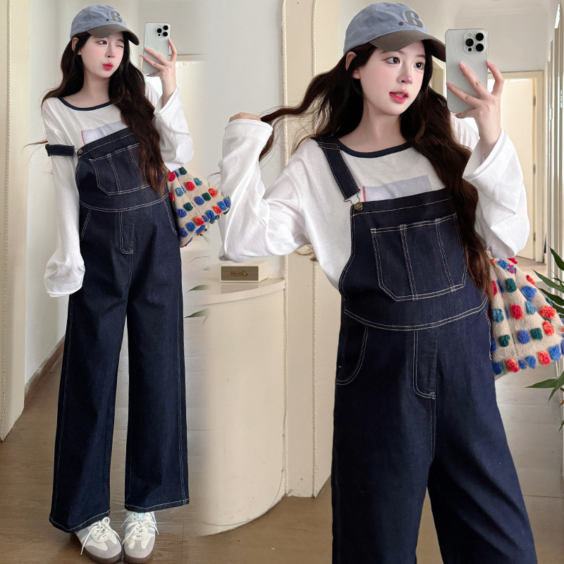 Maternity Suit 2025 Autum New Style Simple Slimming Look Dark Blue Retro Style Denim Overalls + Printed T-Shirt Trendy Maternity Suit 2025 Autum New Style Simple Slimming Look Dark Blue Retro Style Denim Overalls + Printed T-Shirt Trendy